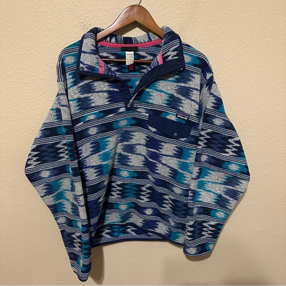 Patagonia Men’s Blue and Gray Aztec Snap-T Synchilla Pullover